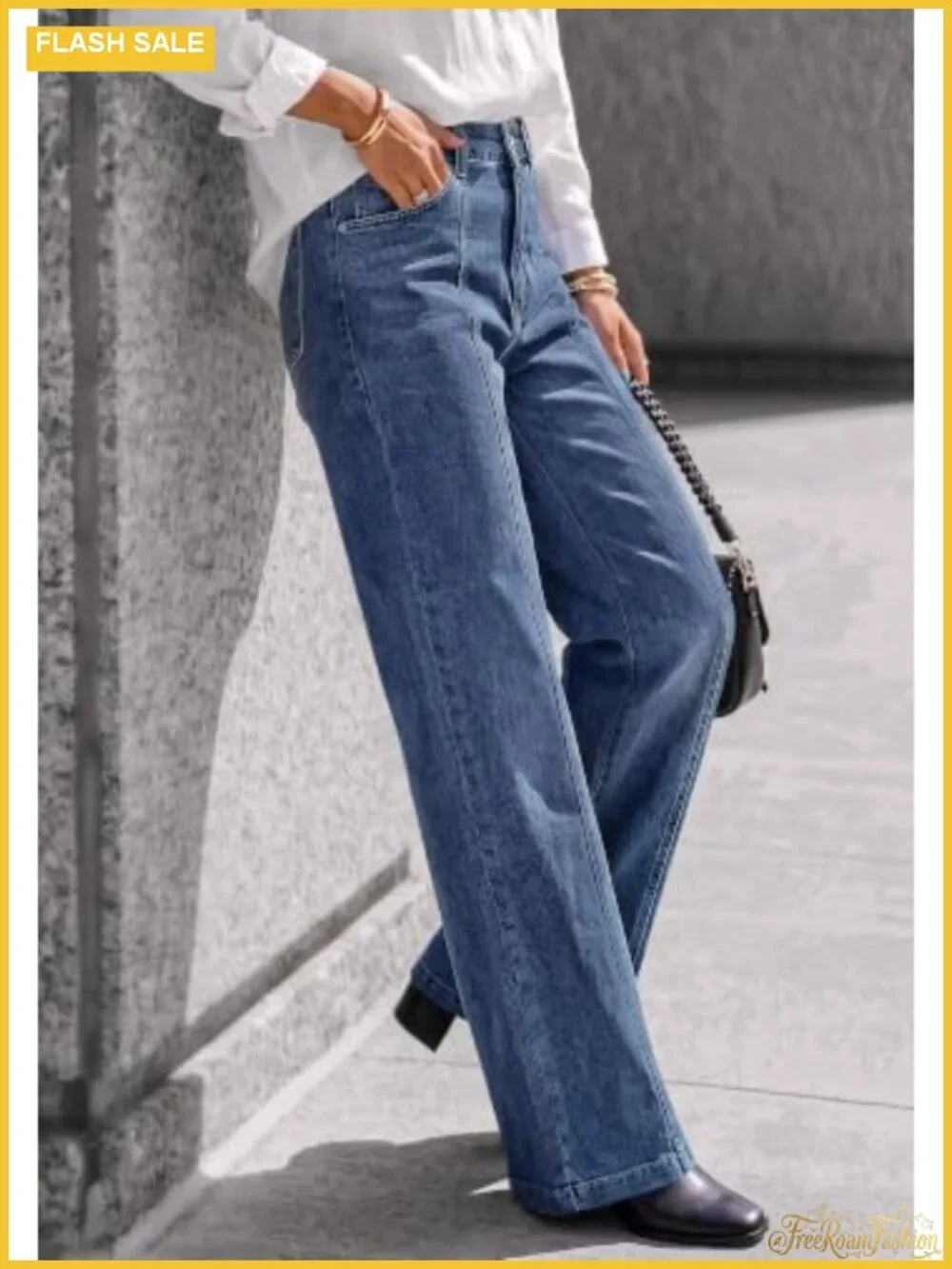 High Waisted Wide Straight Leg Stretch Denim Jeans Front Seam